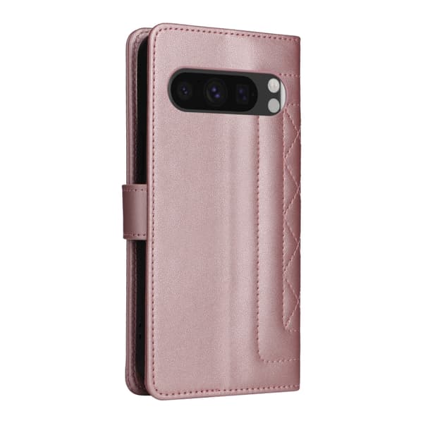 för Pixel 9 Pro Skal i Diamantmönstrad Läder Flip Design Roséguld