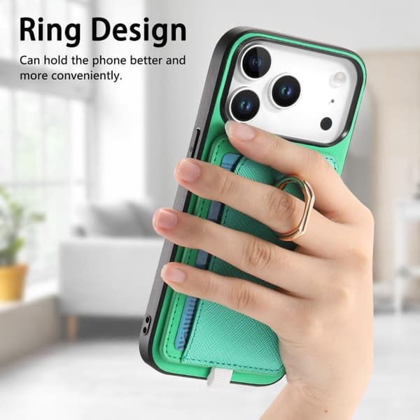 iPhone 18 Pro / iPhone 17 Pro Skal - Retro Korsläder med Ring och Sidofack för Kort, MagSafe Grön
