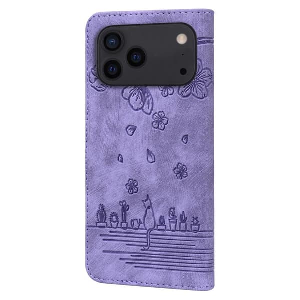iPhone 18 Pro Max / iPhone 17 Pro Max Skal läderfodral med präglad tecknad sakura katt Purpur
