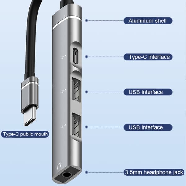 USB-C / Typ-C till 3,5 mm + 2 USB + Typ-C Hub Dockningsstation (Grå)