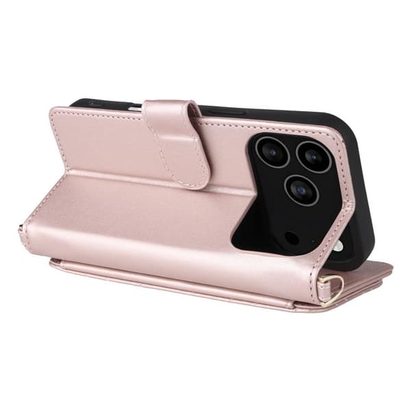 iPhone 18 Pro Max / iPhone 17 Pro Max Skal Läderfodral med Multifunktionella 6-Kortsplatser och Handledsrem Rosa