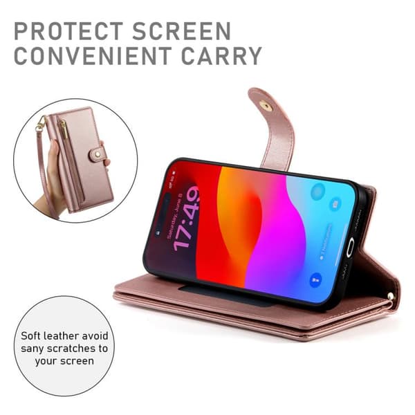 iPhone 18 Pro Max / iPhone 17 Pro Max Skal läderfodral med nio kortfack och dragkedja Rosa