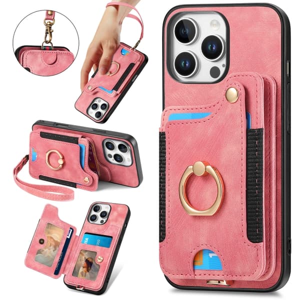 iPhone 16 Pro Retro Skinnkänsla Ring Multi-kort Plånboks Skal Rosa