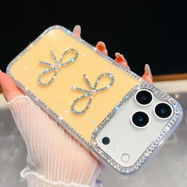 iPhone 18 Pro Max / iPhone 17 Pro Max Skal med Diamantglitter och Dubbel Slips, Stöttålig Ljusgul