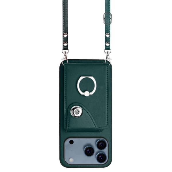 iPhone 18 Pro Max / iPhone 17 Pro Max Skal med Organ Card Bag och Ringhållare samt Lång Lanyard Grön
