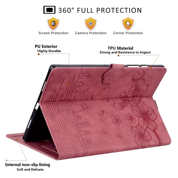 Samsung Galaxy Tab A7 Lite Cartoon Sakura Cat Prägad Läderfodral Röd
