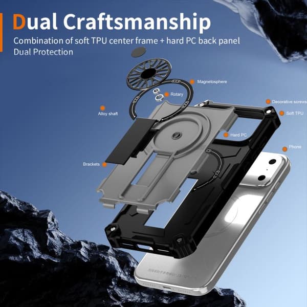 iPhone 18 Pro Max / iPhone 17 Pro Max Shockproof Kickstand Metallic Shaft MagSafe Skal Silver