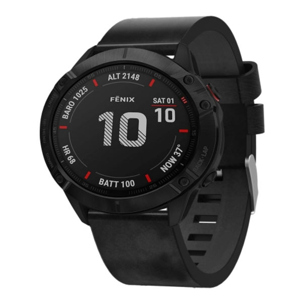 För Garmin Fenix ​​6X Pro 26mm läder stålspänne watch Black