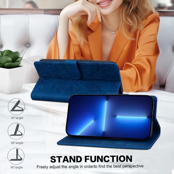Redmi Note 14 4G - Lacey Blommönstrad Prägling Magnetisk Spänne PU fodral med Handledsrem Blå