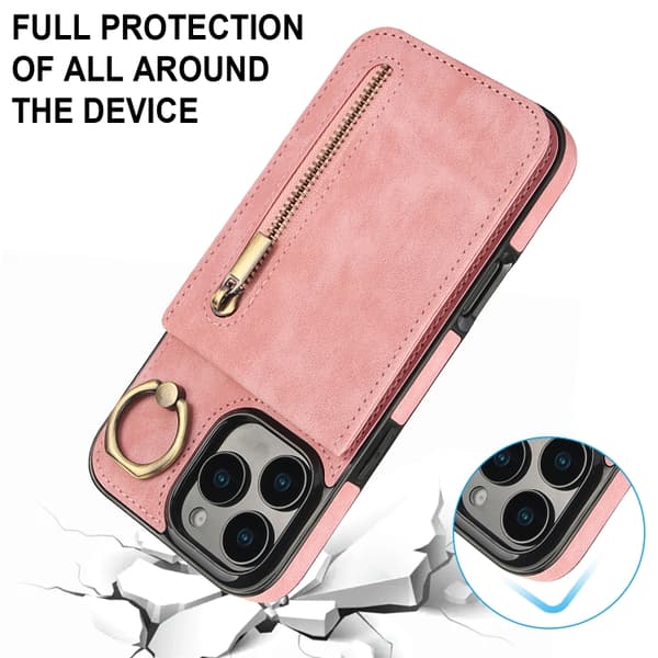 iPhone 16 Pro Retro Ring och Zipper RFID Kortfack Skal Rosa