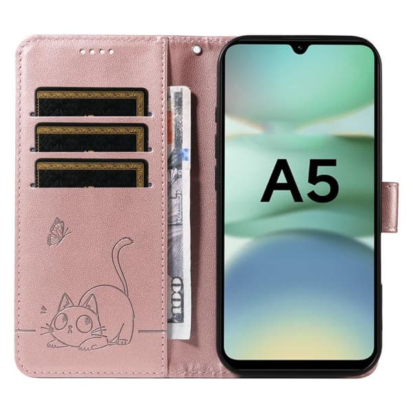Redmi A5 4G - Flip Läderfodral med Embossed Kattmönster Roséguld