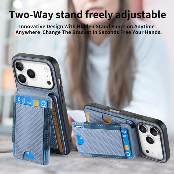 iPhone 18 Pro Max / iPhone 17 Pro Max Skal - Kolfiber med Vertikal Flip och Ställfunktion Blå