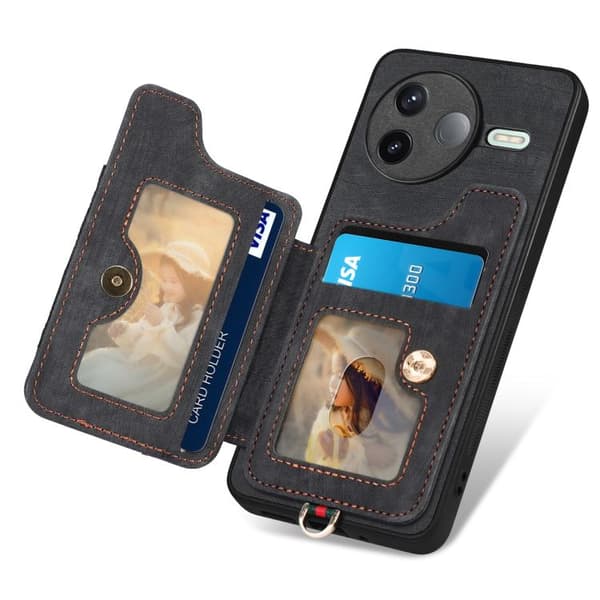 Redmi K80 / Poco F7 Pro - Retro Skinnkänsla Ring Multi-kort RFID Plånboksfodral Svart
