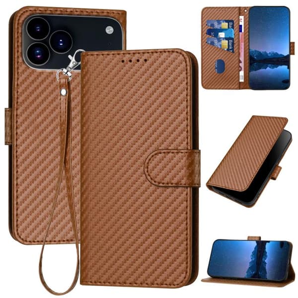 iPhone 18 Pro Max / iPhone 17 Pro Max Skal läderfodral - kolfiber med lanyard Kaffe