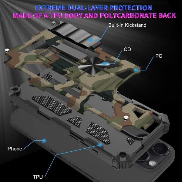 iPhone 16 Pro Max Camouflage Armor Kickstand TPU Hybrid PC Magnetisk Skal Blå