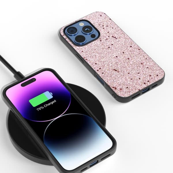 iPhone 16 Pro Glitter Shockproof Skal med Svart Ram Guldrosa
