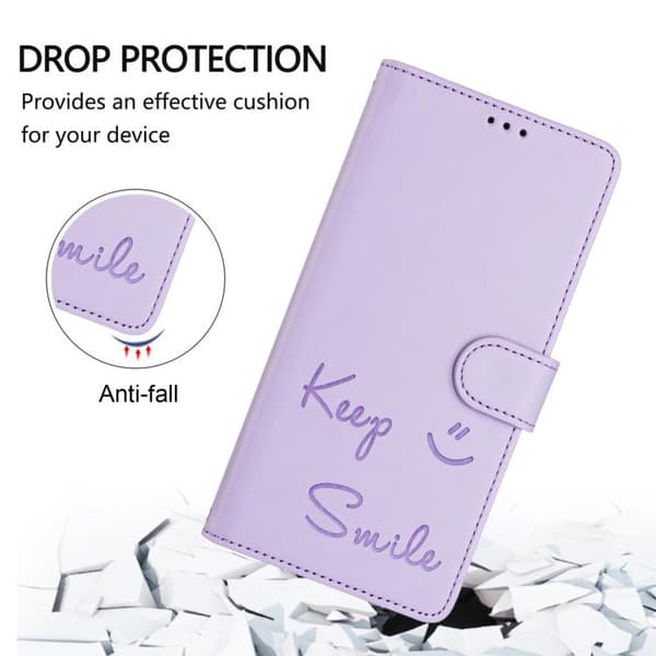 iPhone 18 Pro / iPhone 17 Pro Skal läderfodral med Smile Embossing och RFID Ljuslila