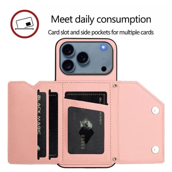 iPhone 18 Pro / iPhone 17 Pro Skal med Fyra Kortfack och Handledsrem Rosa