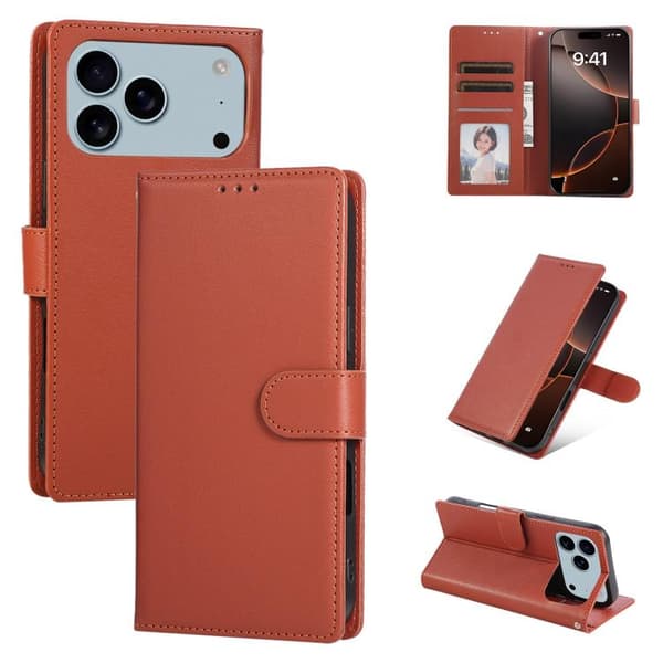 iPhone 18 Pro Max / iPhone 17 Pro Max Skal Läderfodral med 3 Kortfack och Multifunktion Brun