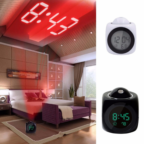 Multifunktionell LED-projektionsväckarklocka med rösttalande klocka, Specifikation: Vit utan USB-kabel