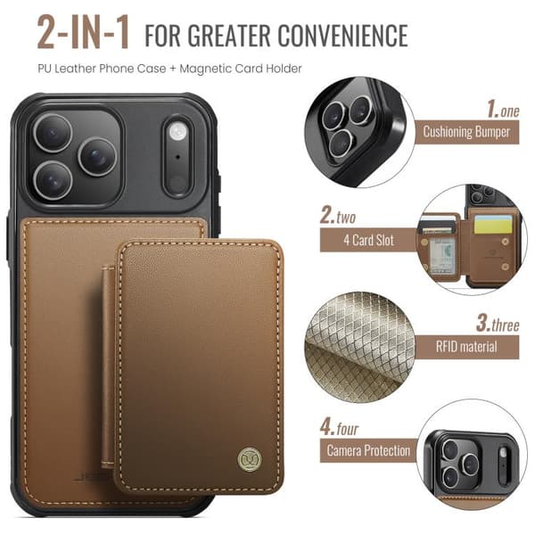 iPhone 18 Pro Max / iPhone 17 Pro Max Skal läderfodral JEEHOOD Business Magnetisk Stil RFID Brun