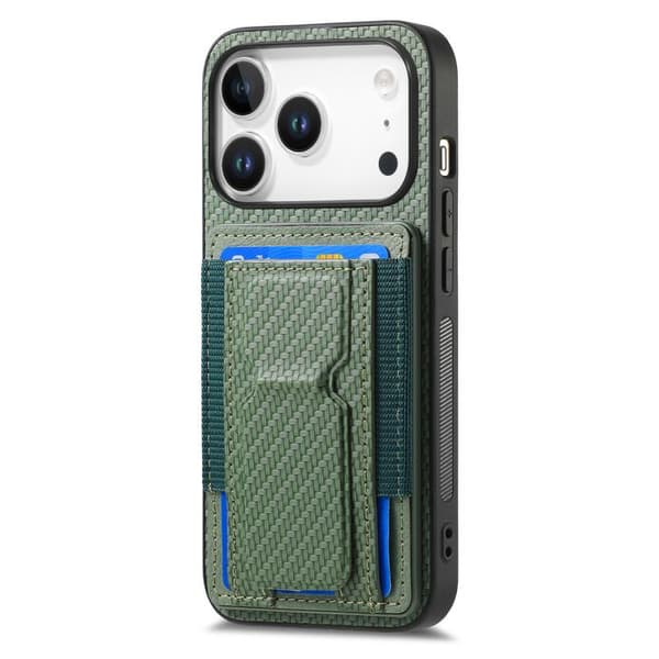 iPhone 18 Pro / iPhone 17 Pro Skal - Kolfiber med Fällbart Ställ och Elastisk Kortficka Grön