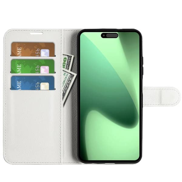 iPhone 18 Pro Max / iPhone 17 Pro Max Skal läderfodral med litchi-textur och horisontell flip med hållare Vit