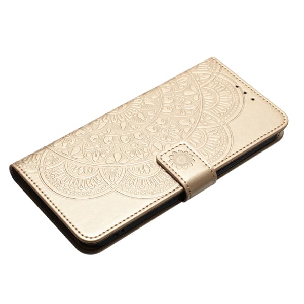iPhone 16 Pro Max Blomsterpräglat Läderfodral - Elegant Skal för iPhone 16 Pro Max Guld