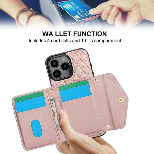 iPhone 16 Pro Max Skal med Splicing Rhombic Textur och Lång Lanyard Roséguld