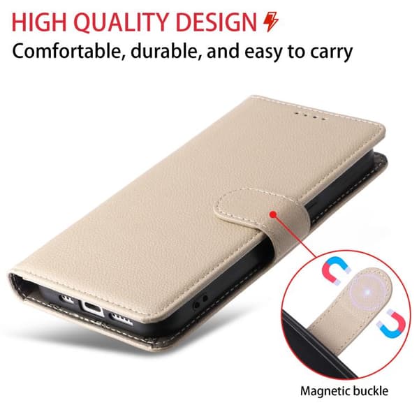 iPhone 18 Pro / iPhone 17 Pro Skal läderfodral med Litchi-textur och RFID-blockering för 3 kort Beige