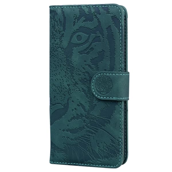 iPhone 16 Pro Max Tiger Embossing Pattern Fodral - Elegant och Slitstark Skal Läder Grön