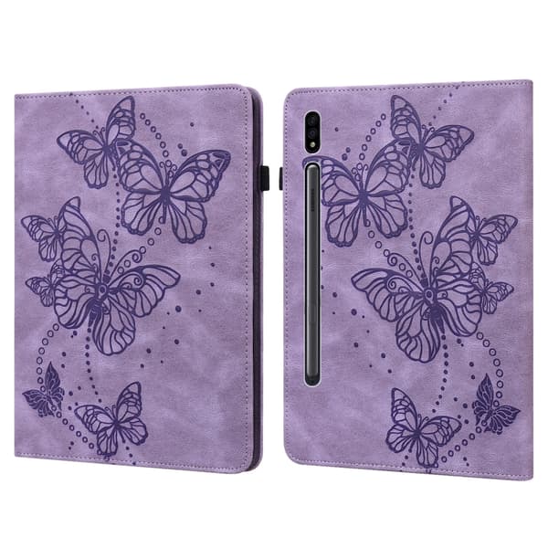Samsung Galaxy Tab S8 Prägad Fjärilsdesign Läderfodral Lila