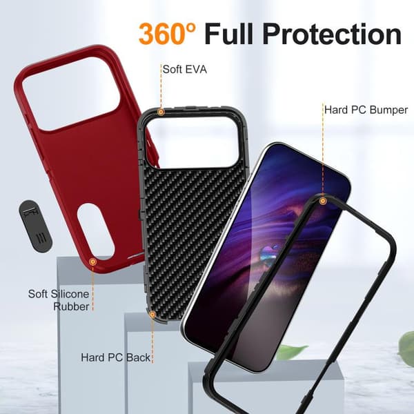 iPhone 17 Pro Skal - Rugged PC + Silikonfodral med Hållare Röd + Svart