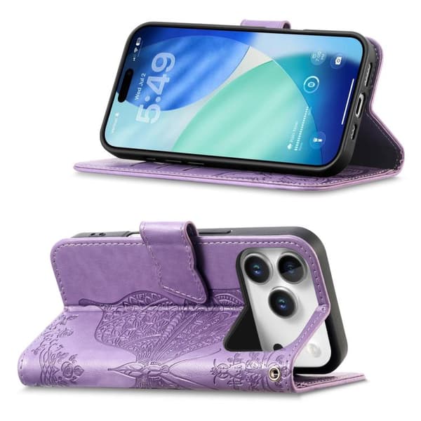 iPhone 18 Pro / iPhone 17 Pro Skal läderfodral med präglad fjärilsblomma Lavendel