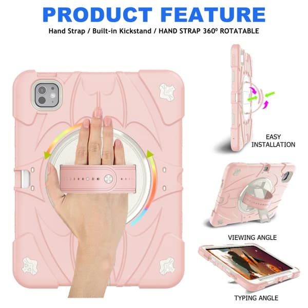 iPad Pro 11 2024 Bat Hand Grip Turntable Skal - Läderfodral Rosa Vit