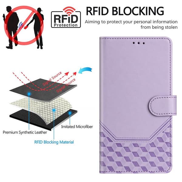 Redmi Note 14 4G - EU-version, RFID-läderfodral med honungskombination och präglad yta, Ljuslila