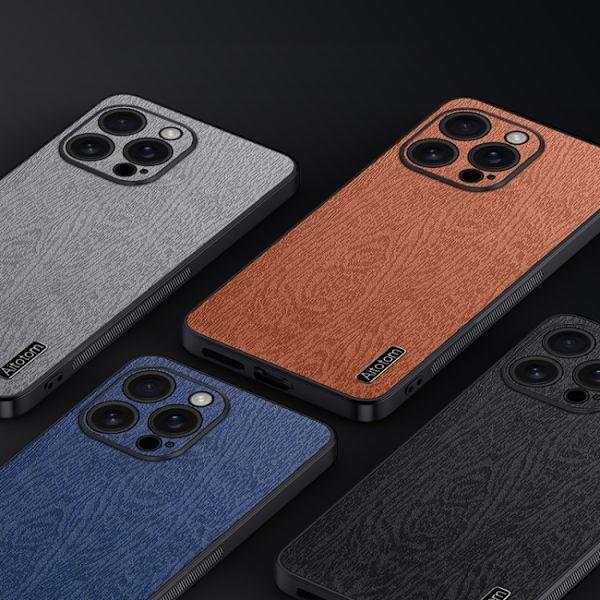 iPhone 16 Pro Tree Bark Läderfodral - Stöttålig Skal Grå