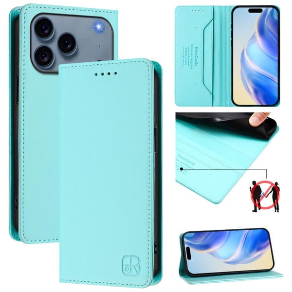 iPhone 18 Pro Max / iPhone 17 Pro Max Skal läderfodral med dubbelvikts magnetisk sug och RFID Mintgrön