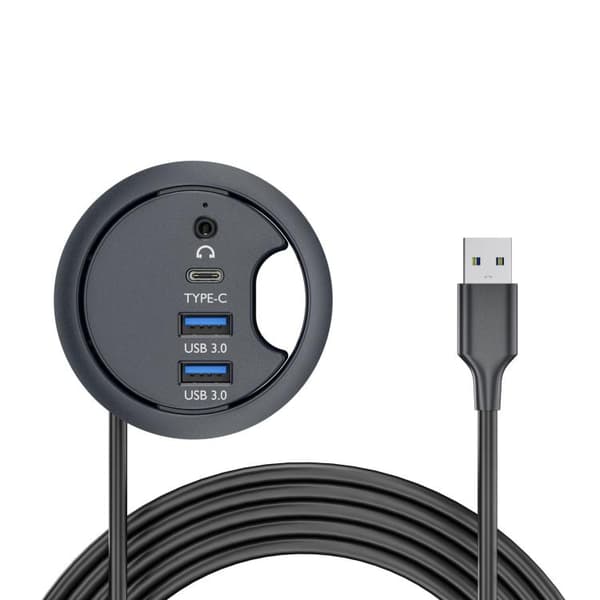 USB 3.0 + USB-C + 3.5mm Grommet Hub - 1.2m Cable, 5Gbps, Easy Installation, Desk Organizer