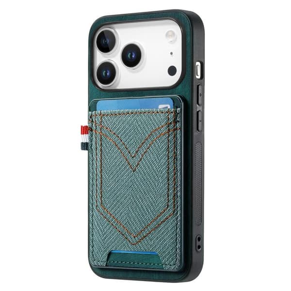 iPhone 17 Pro Skal - Denimtextur med Kortfack Grön