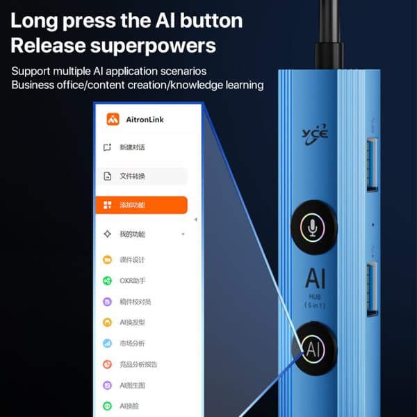 YCE V295A 5-i-1 USB3.0 Hub Adapter AI Docking Station (Blå) - Mångsidig och Effektiv Anslutning