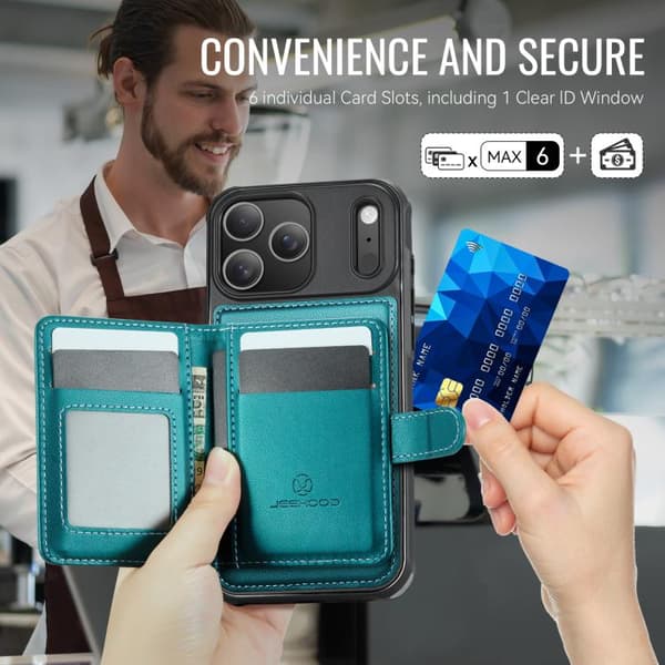 iPhone 18 Pro Max / iPhone 17 Pro Max Skal läderfodral JEEHOOD Buckle Card Bag MagSafe Magnetisk Stil RFID Grön