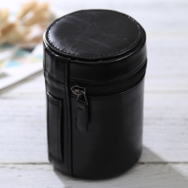 Medelstorlek Objektivfodral Dragkedja PU Läder Väska Box för DSLR Kameralins, Storlek: 13x9x9cm Svart