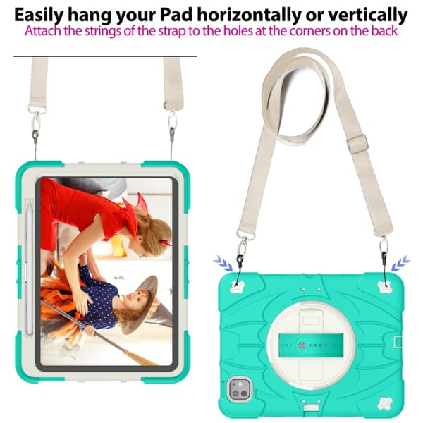 iPad Pro 11 2024 Bat Hand Grip Turntable Skal - Läderfodral Mintgrön Vit
