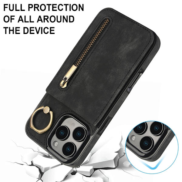 iPhone 16 Pro Max Retro Ring och Zipper RFID Kortfack Skal Svart