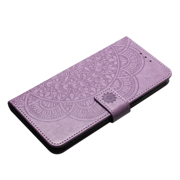 iPhone 16 Pro Max Blomsterpräglat Läderfodral - Elegant Skal för iPhone 16 Pro Max Purpur