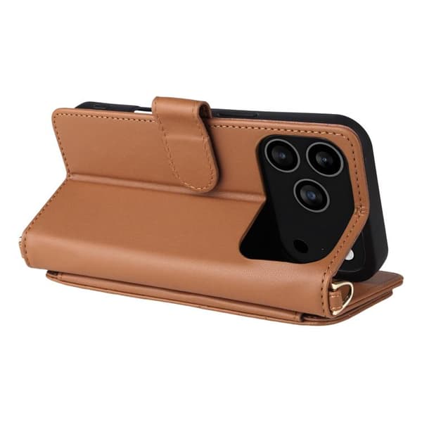 iPhone 18 Pro Max / iPhone 17 Pro Max Skal Läderfodral med Multifunktionella 6-Kortsplatser och Handledsrem Brun
