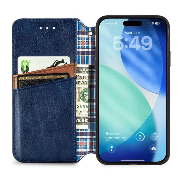 iPhone 17 Pro Max Skal läderfodral med kubisk rutnätsdesign och magnetisk stängning Blå