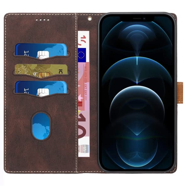 iPhone 16 Pro Max Skal Läder med Lanyard - Grid Stitching Design Brun