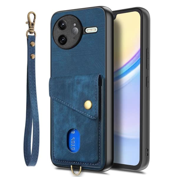 Redmi K80 / Poco F7 Pro - Retro Kortplånbok Fällbart Läder Mobilfodral med Rem Blå